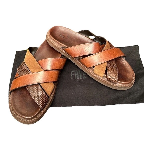 FRYE Andrew Strap Slide Sandals Men’s 10.5 Brown Leather & Suede EUC w/ Bag main image 12